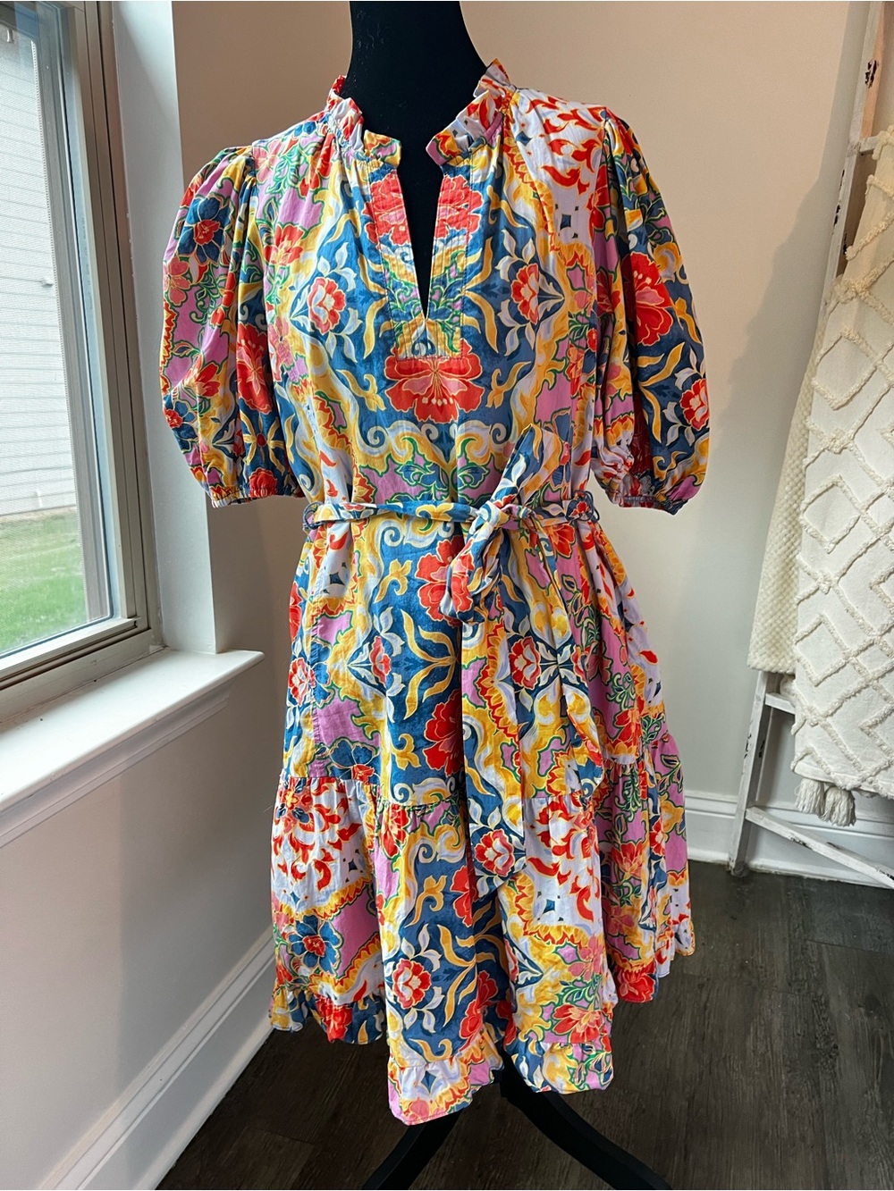 Vince Camuto Floral Puff Sleeve Tie Waist Mini Dress Size 10 Boho Resorts